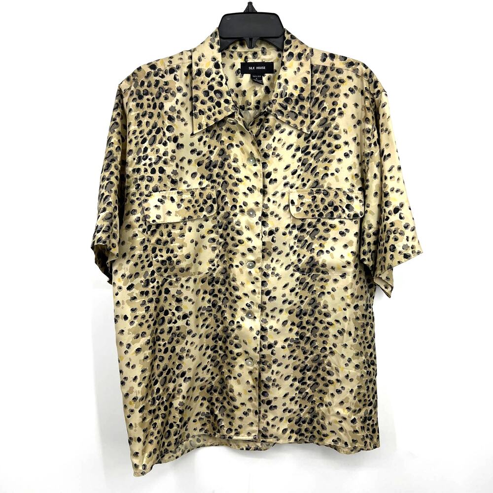VTG Silk House Tan Black Leopard Animal Print Button Up 100% Silver Blouse Large
